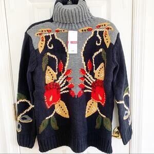 3-SHUN Navy Abstract Floral Intarsia Sweater Medium